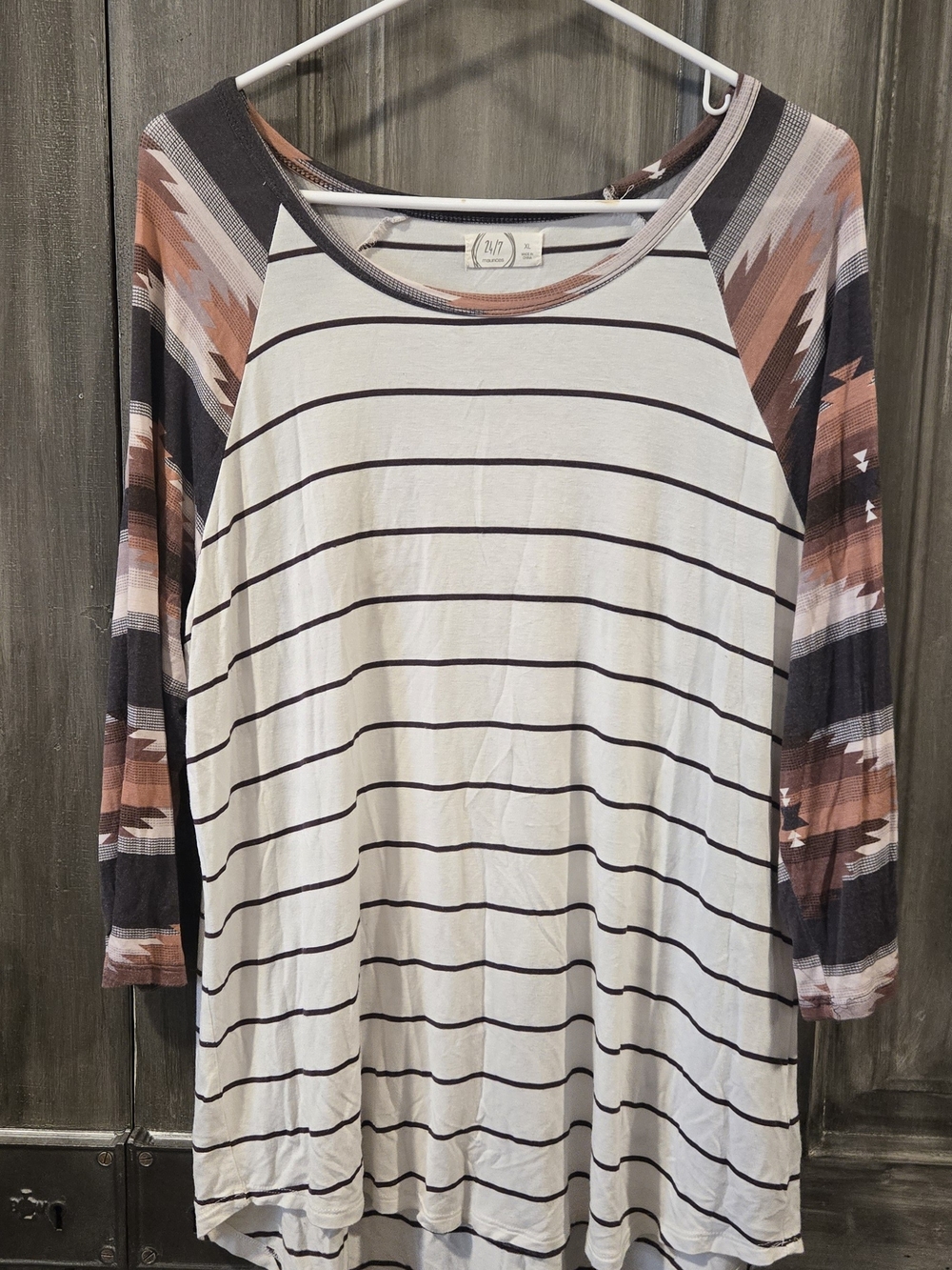 Maurices White Striped Raglan Top with Brown Aztec Sleeves
